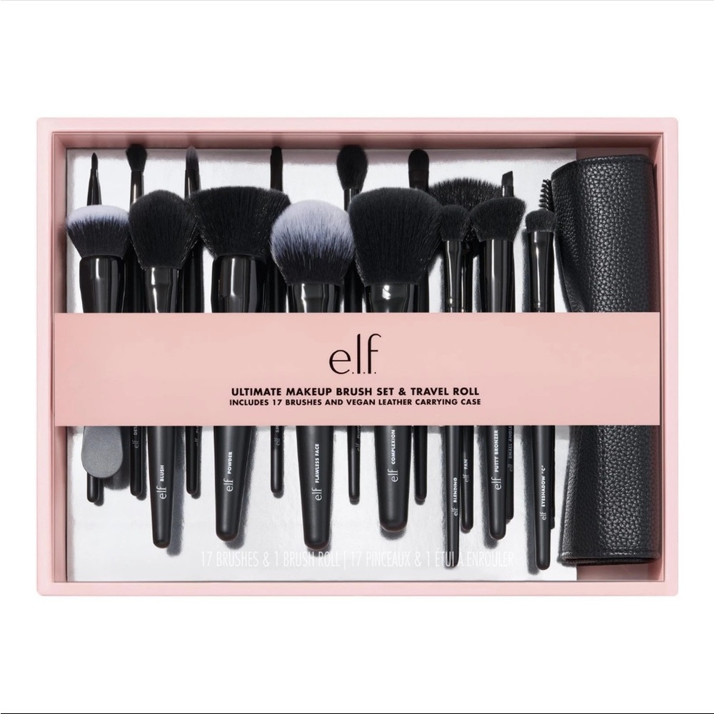 NIB e.l.f. Ultimate Makeup 17-Piece Brush Set & Travel Roll Carrying Case NEW
